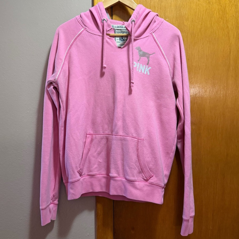 PINK Victoria's Secret Small Hoodie Graphic Sweatshirt White Peacesign Logo Y2K - Picture 5 of 15